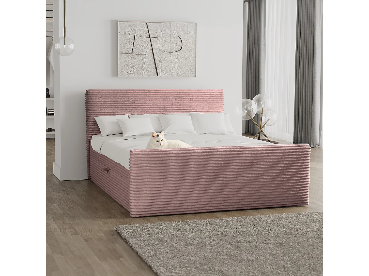 Lit à sommier tapissier avec sommier et surmatelas TRENTO en tissu peluche 180x200 cm rose H3-Bonell