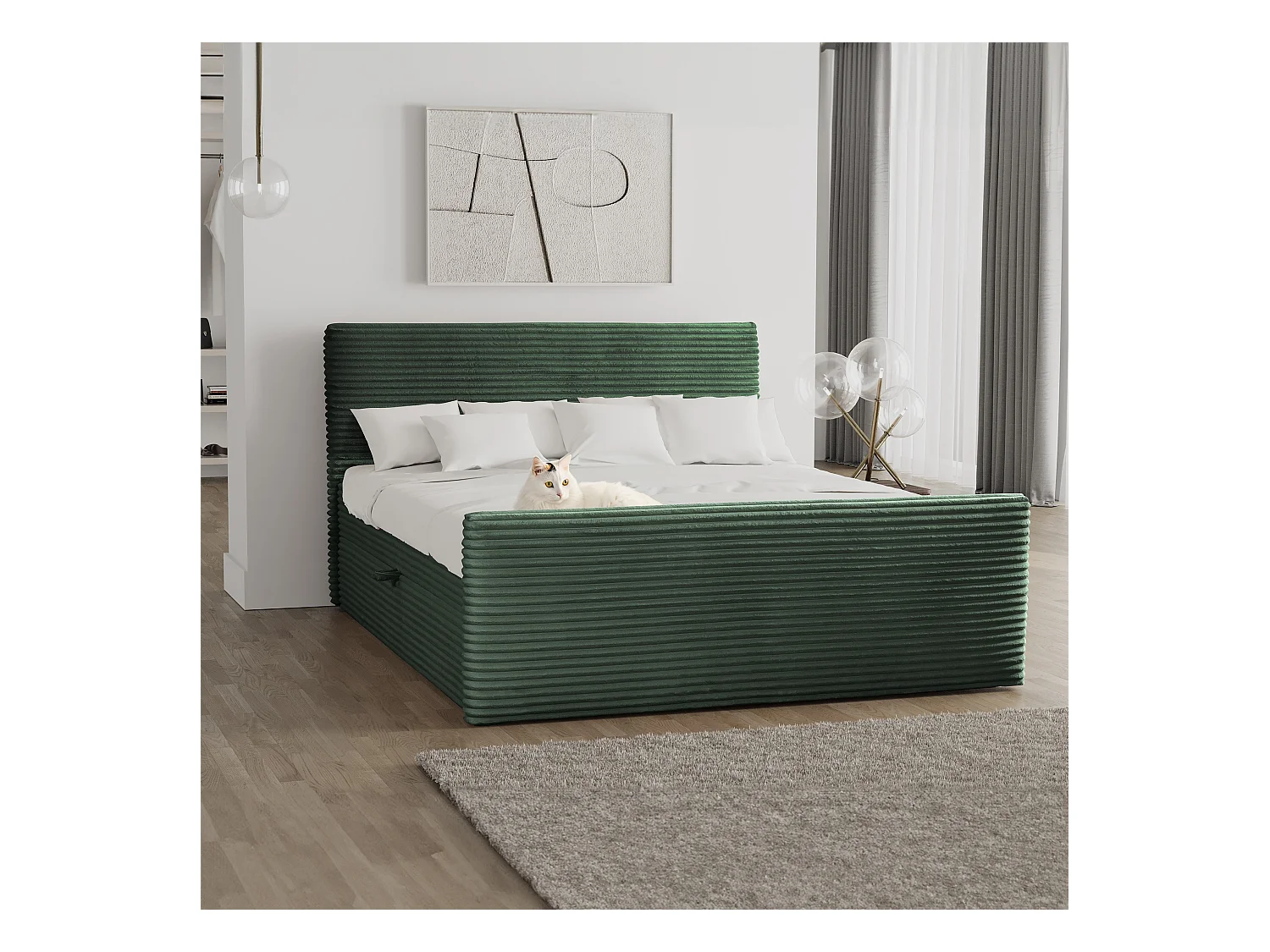 Letto box spring con contenitore e topper TRENTO tessuto peluche cordoncino 180x200 cm verde H3-Bonell