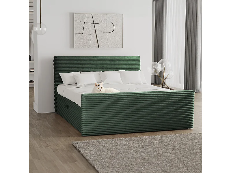 Boxspringbed met bedstee en topper TRENTO stof pluche corduroy 180x200 cm groen H3-Bonell