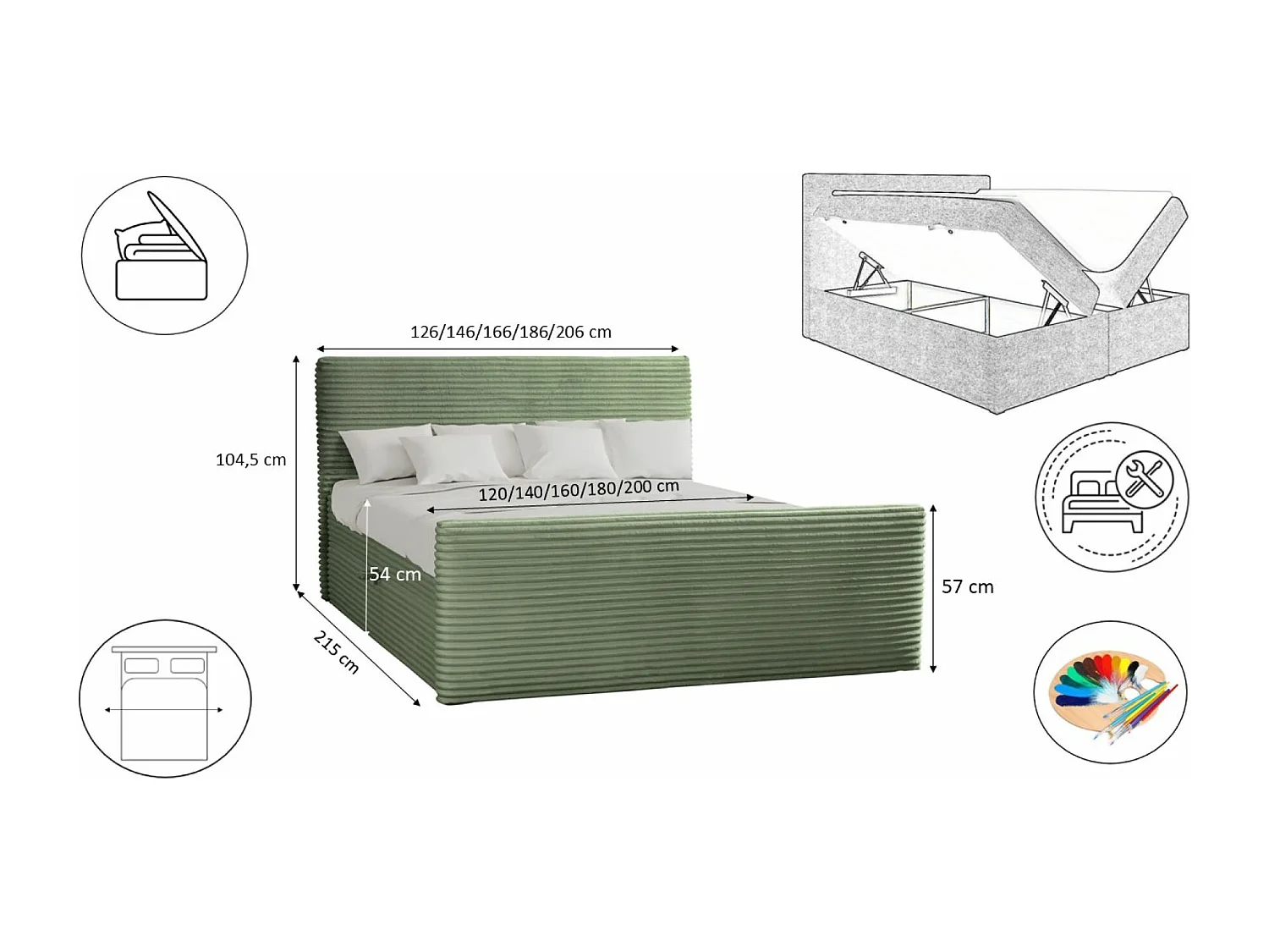 Lit à sommier tapissier avec sommier et surmatelas TRENTO en tissu peluche 200x200 cm Olive H3-Bonell
