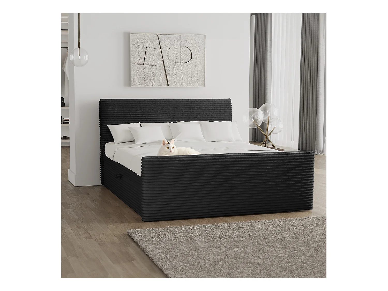 Letto box spring con contenitore e topper TRENTO tessuto peluche cordoncino 200x200 cm nero H3-Bonell