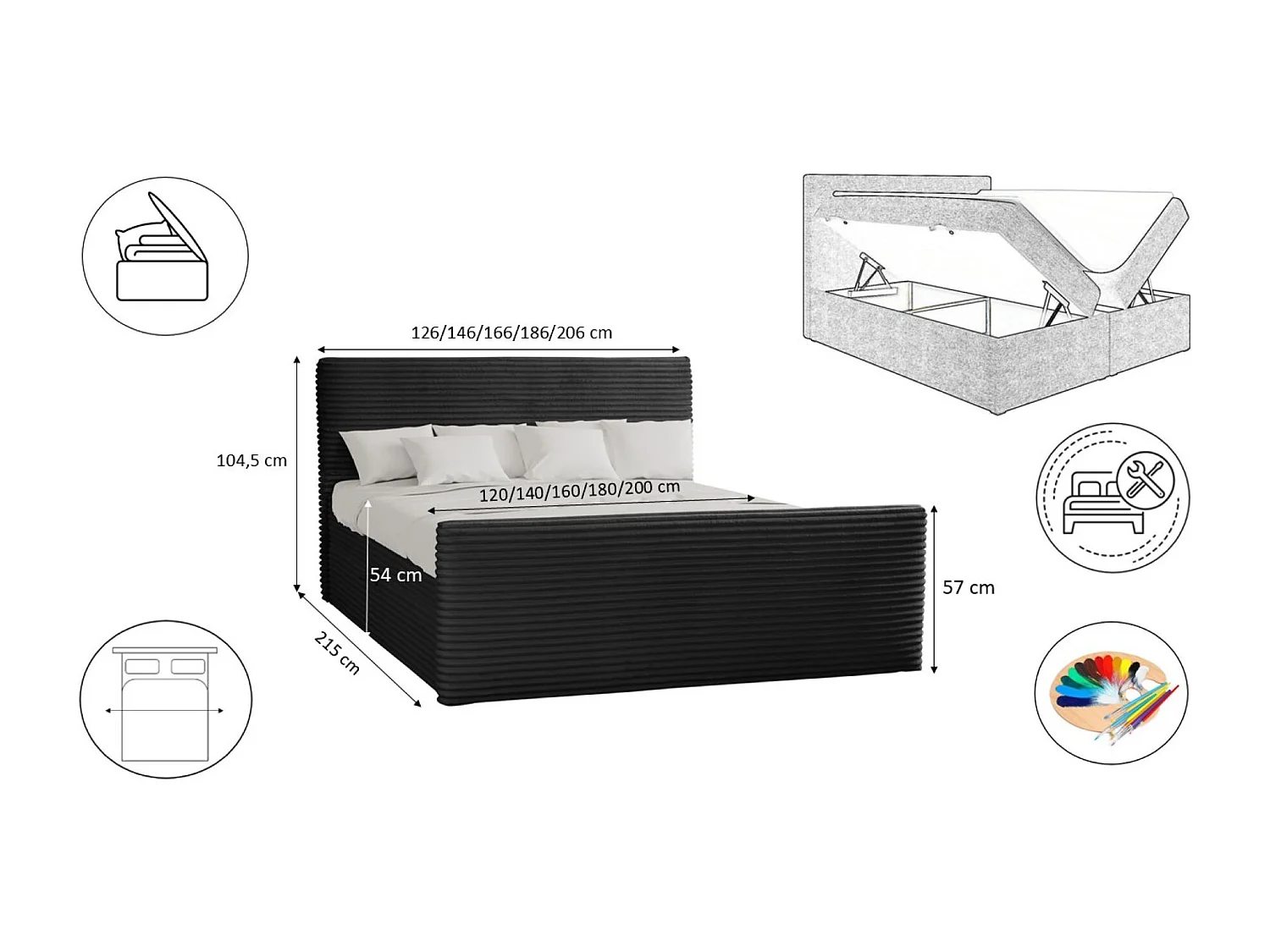 Lit à sommier tapissier avec sommier et surmatelas TRENTO en tissu peluche 200x200 cm noir H3-Bonell