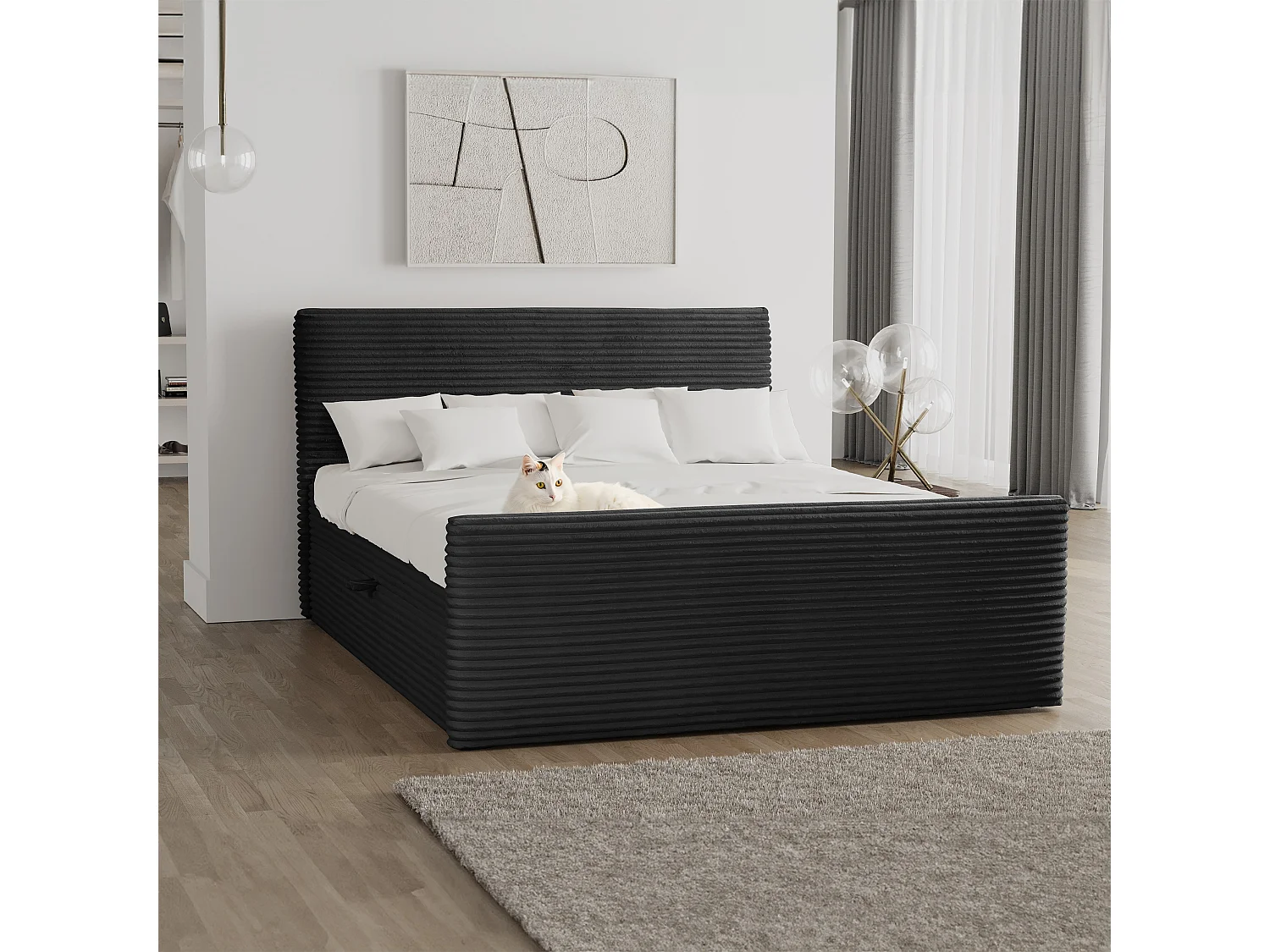 Boxspringbett mit bettkasten und topper TRENTO stoff  Plüsch Cord 200x200 cm Schwarz H3-Bonell