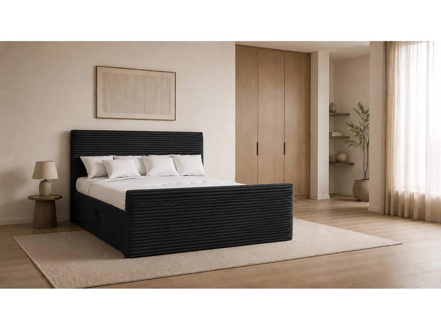 Boxspringbett mit bettkasten und topper TRENTO stoff  Plüsch Cord 200x200 cm Schwarz H3-Bonell