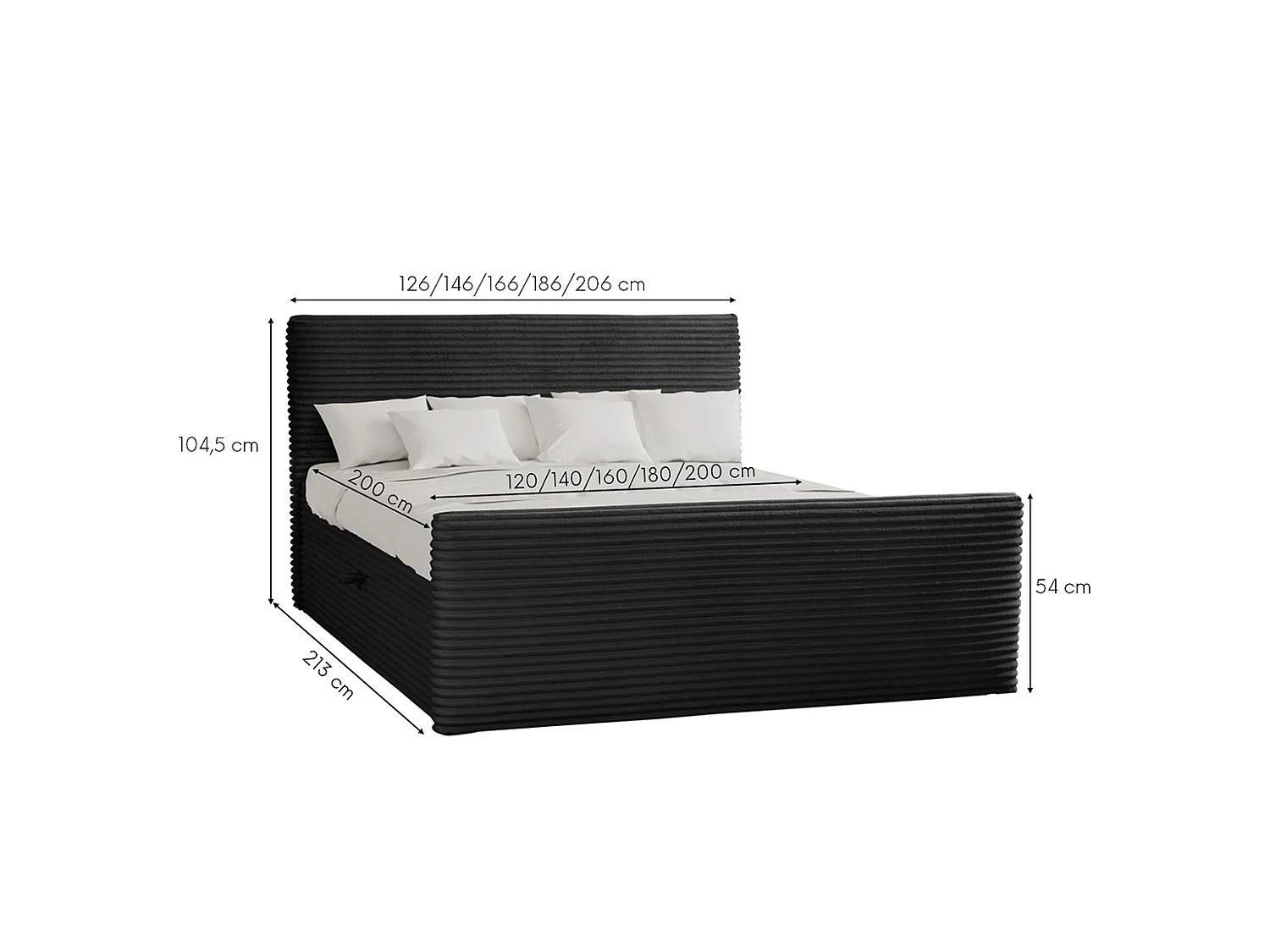 Boxspringbett mit bettkasten und topper TRENTO stoff  Plüsch Cord 200x200 cm Schwarz H3-Bonell