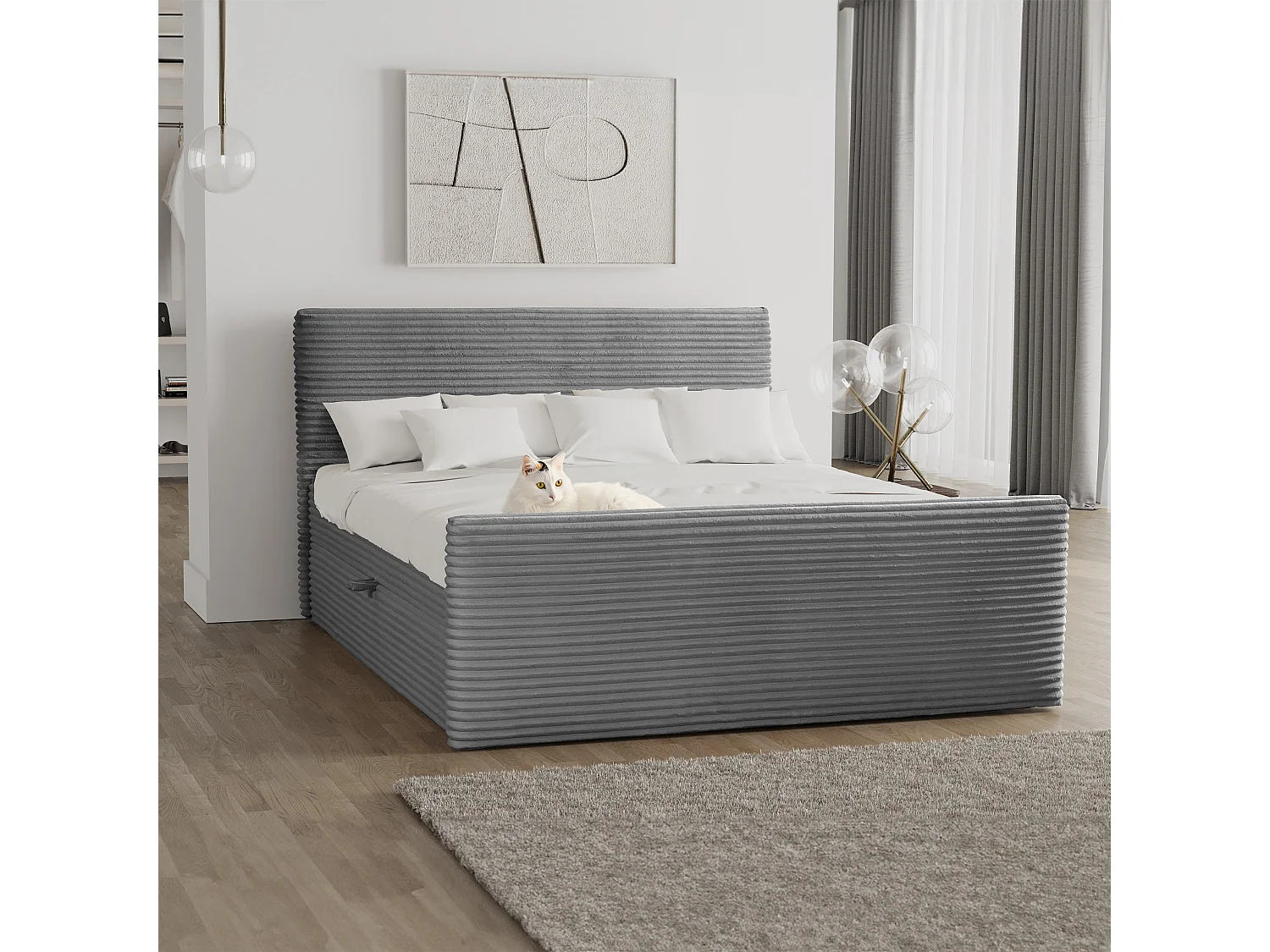 Lit à sommier tapissier avec sommier et surmatelas TRENTO tissu peluche cordon 140x200 cm gris foncé H3-Bonell