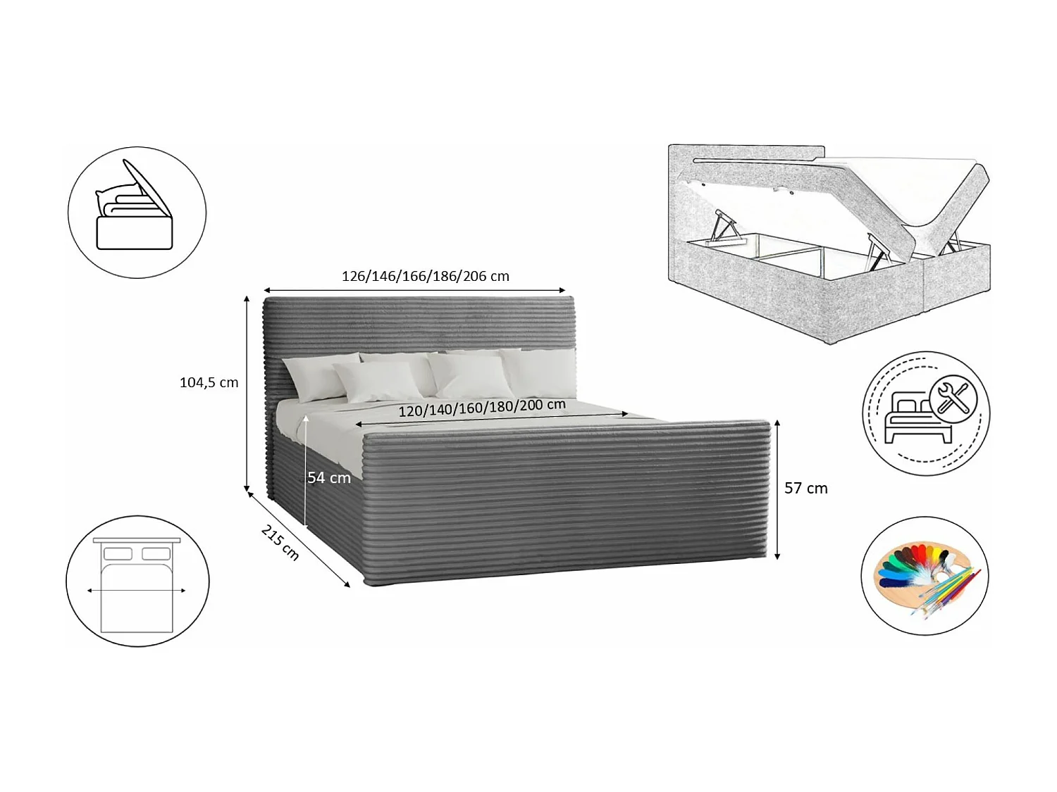 Lit à sommier tapissier avec sommier et surmatelas TRENTO tissu peluche cordon 140x200 cm gris foncé H3-Bonell