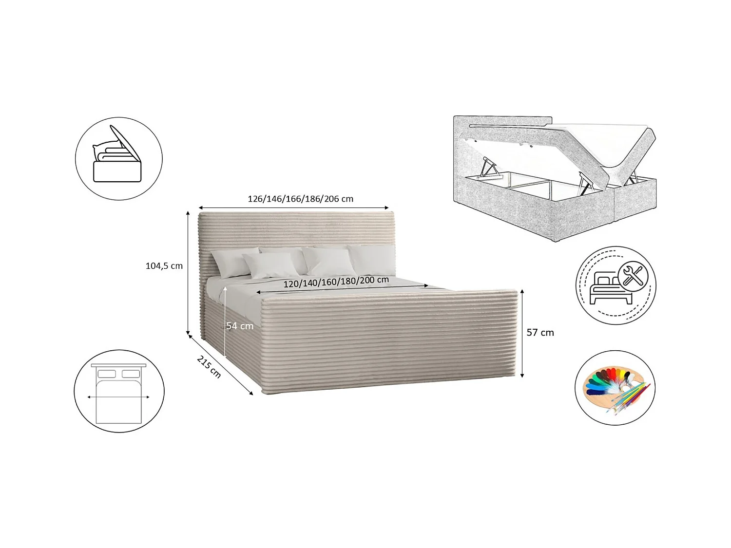 Lit boxspring avec sommier et surmatelas TRENTO tissu peluche cordon 160x200 cm Écru H3-Bonell