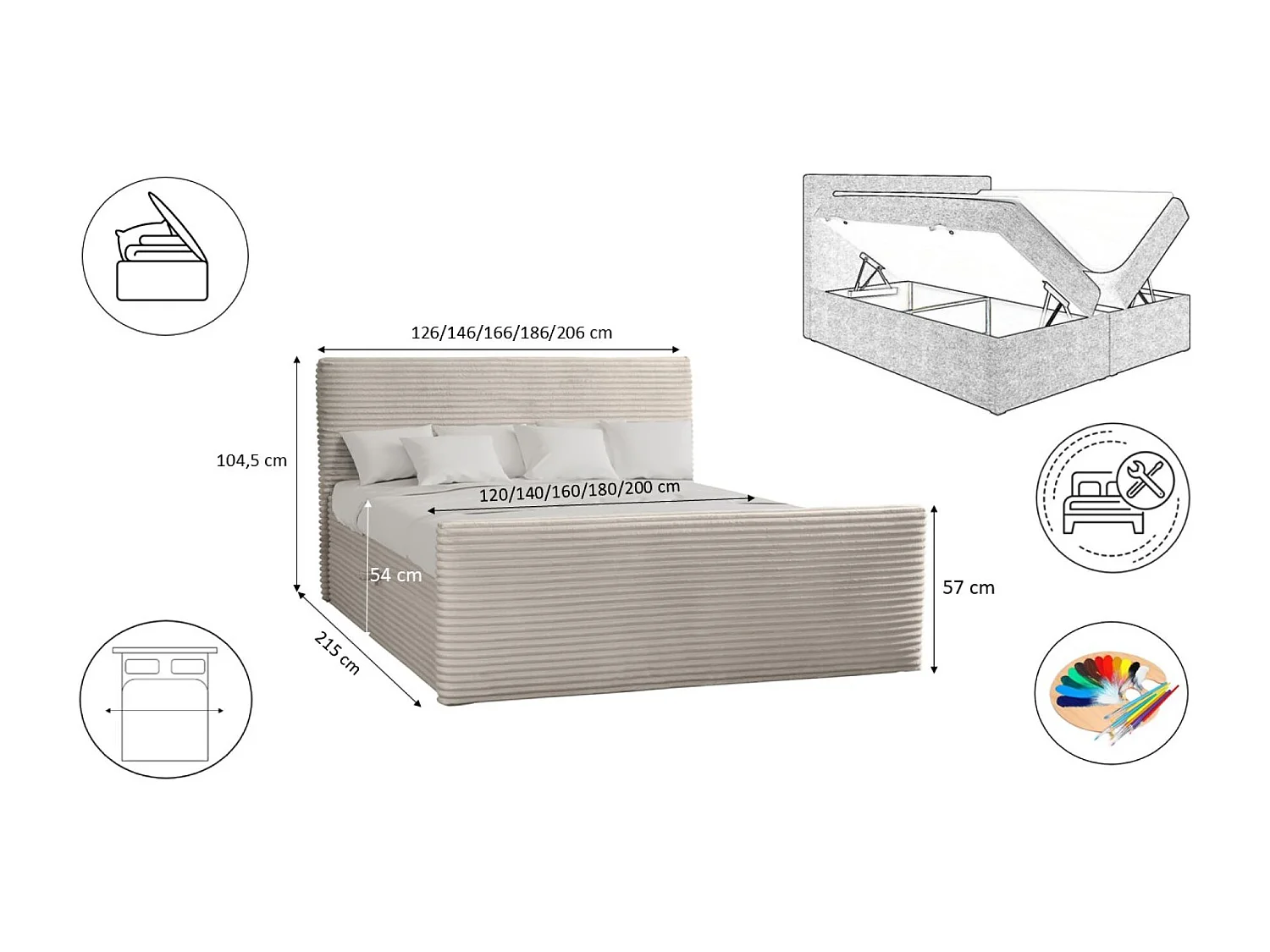 Lit boxspring avec sommier et surmatelas TRENTO tissu peluche cordon 160x200 cm Écru H3-Bonell
