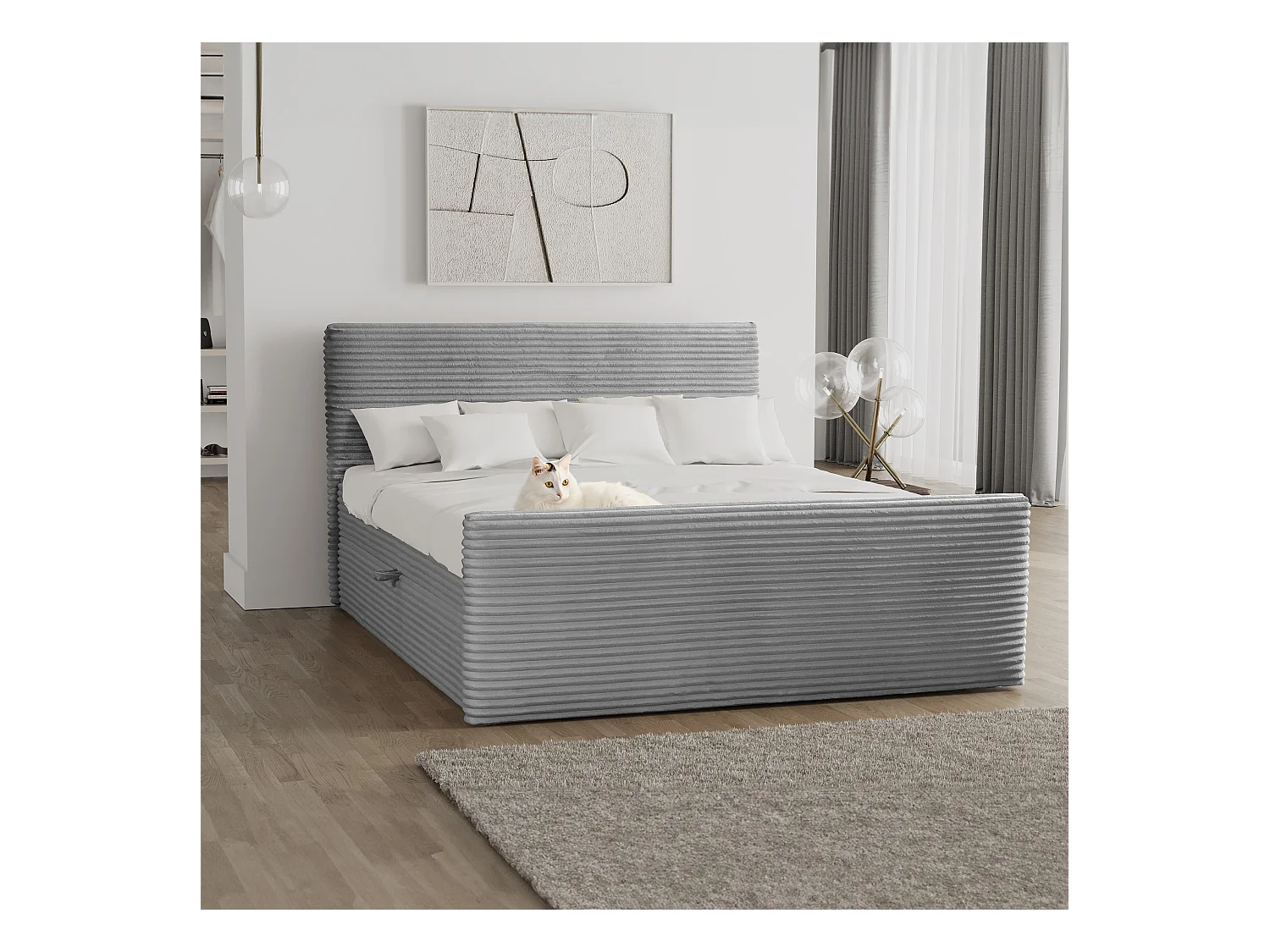 Lit à sommier tapissier avec sommier et surmatelas TRENTO en tissu peluche 200x200 cm gris clair H3-Bonell
