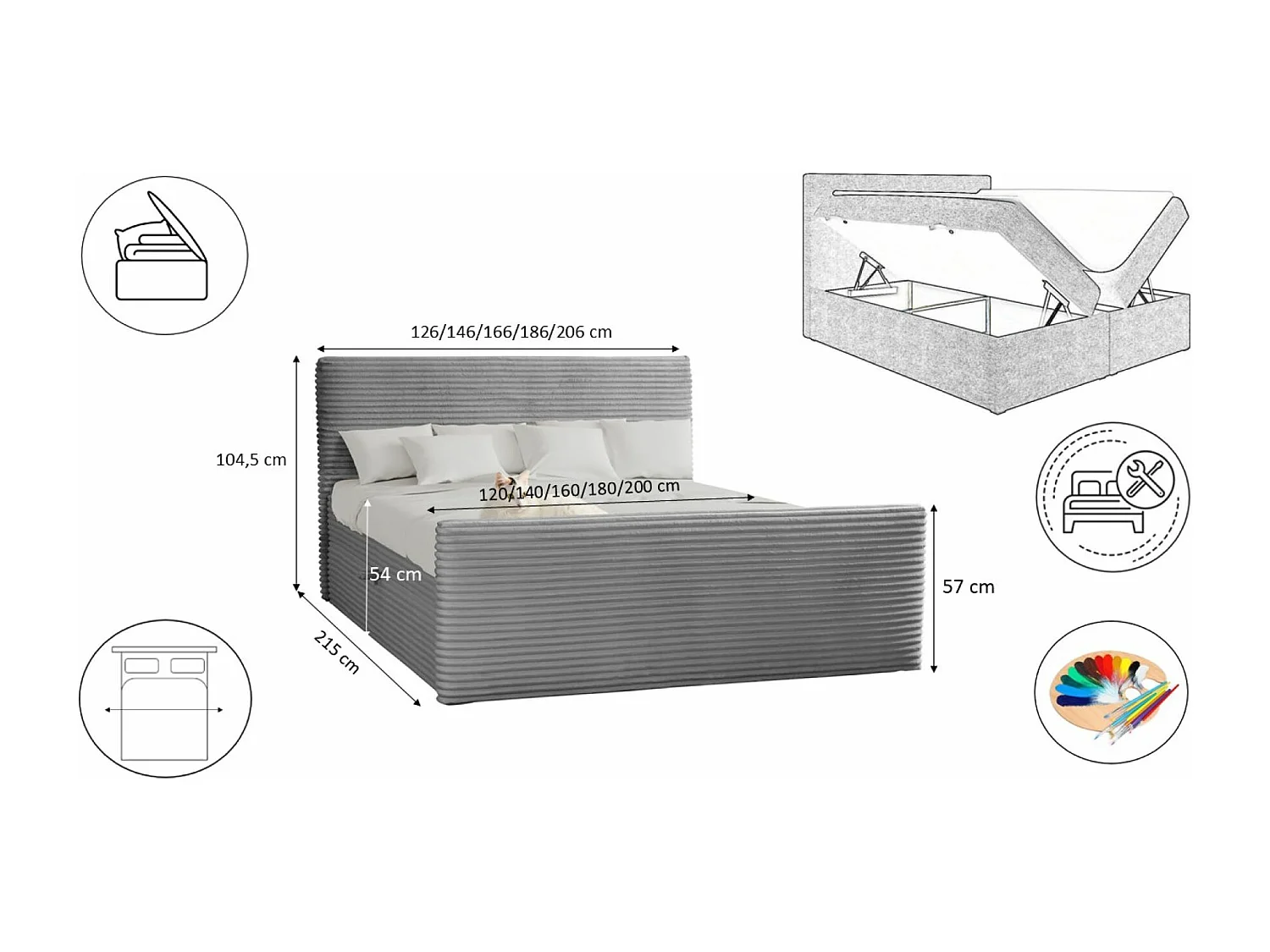 Lit à sommier tapissier avec sommier et surmatelas TRENTO en tissu peluche 200x200 cm gris clair H3-Bonell
