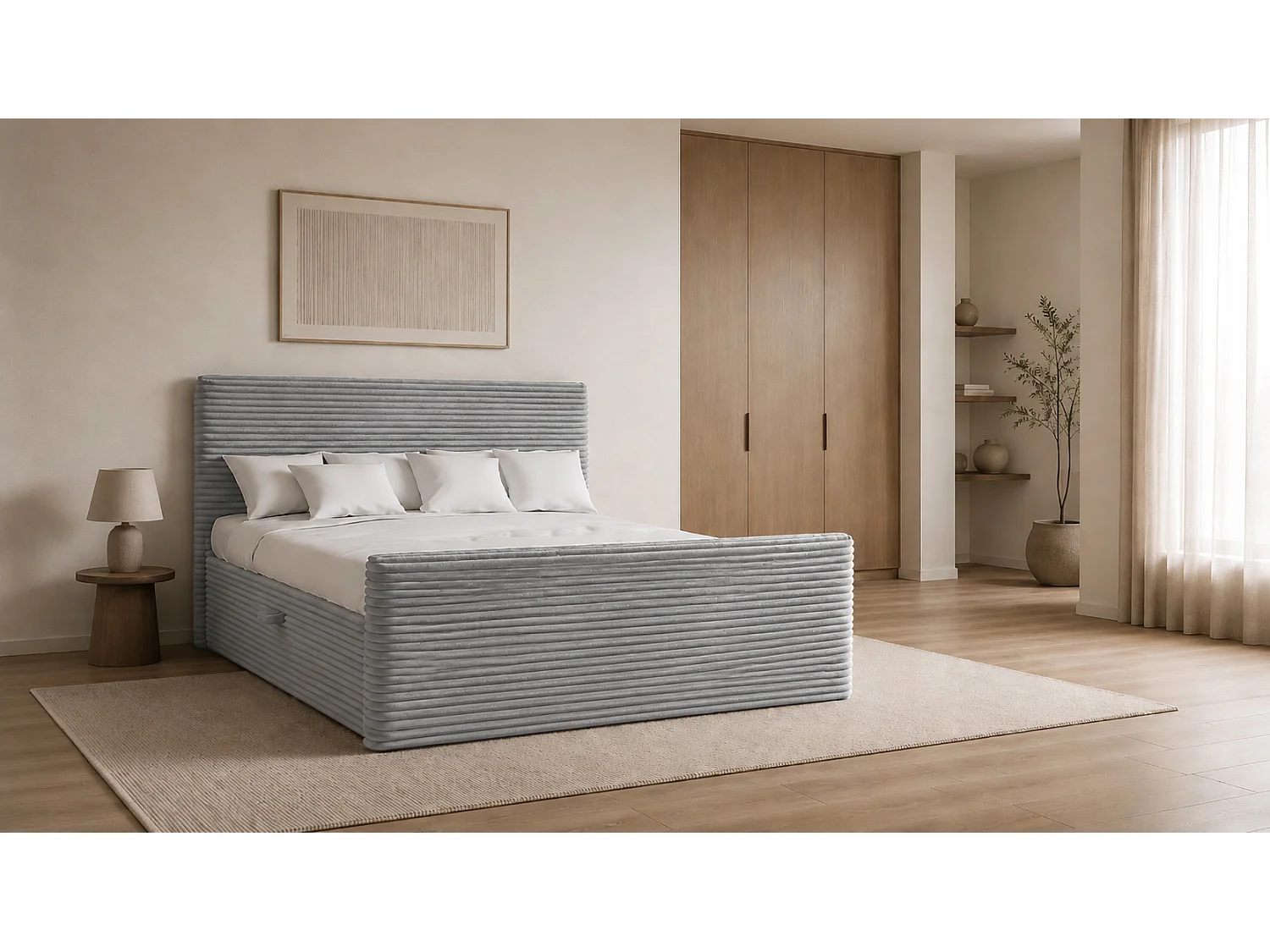 Boxspringbett mit bettkasten und topper TRENTO stoff  Plüsch Cord 200x200 cm Hellgrau H3-Bonell