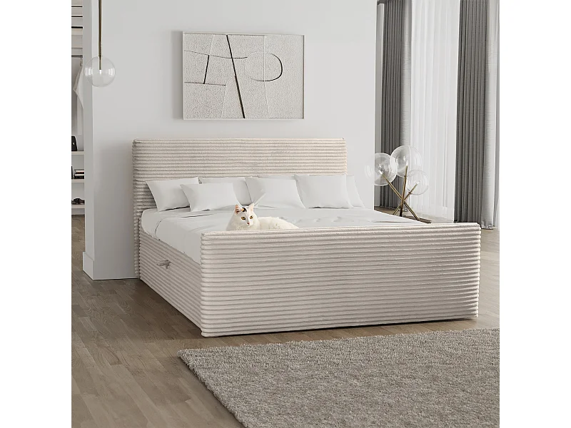 Lit boxspring avec sommier et surmatelas TRENTO tissu peluche cordon 200x200 cm Écru H3-Bonell