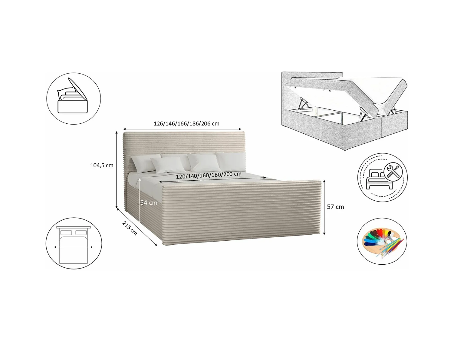 Lit boxspring avec sommier et surmatelas TRENTO tissu peluche cordon 200x200 cm Écru H3-Bonell