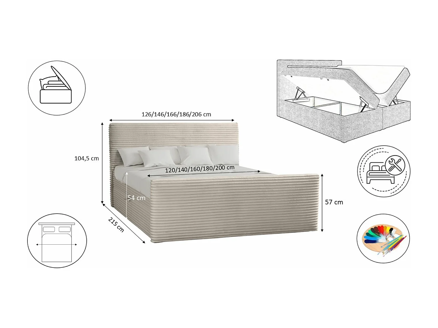 Lit boxspring avec sommier et surmatelas TRENTO tissu peluche cordon 200x200 cm Écru H3-Bonell