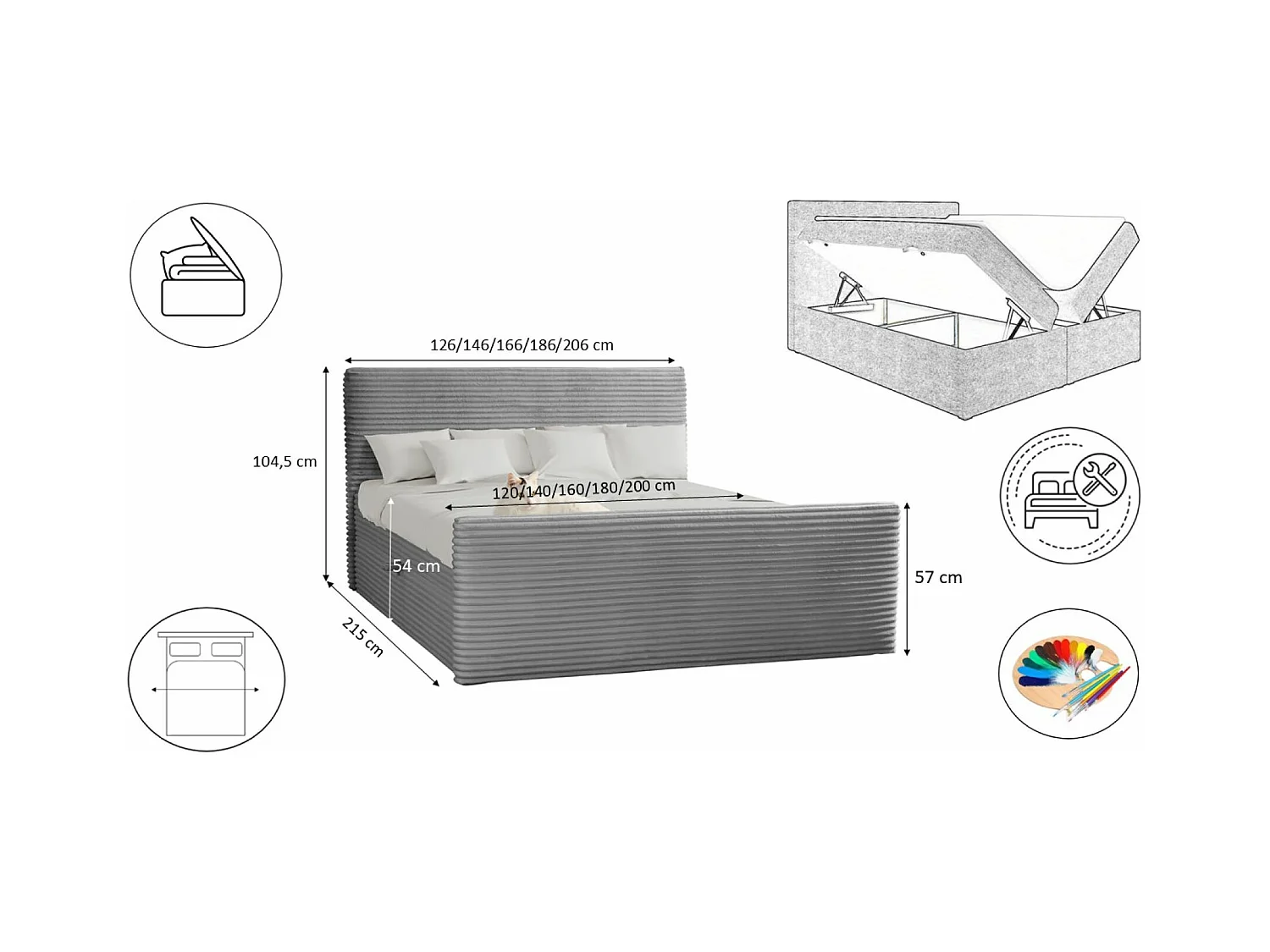 Lit à sommier tapissier avec sommier et surmatelas TRENTO tissu peluche cordon 180x200 cm gris clair H3-Bonell