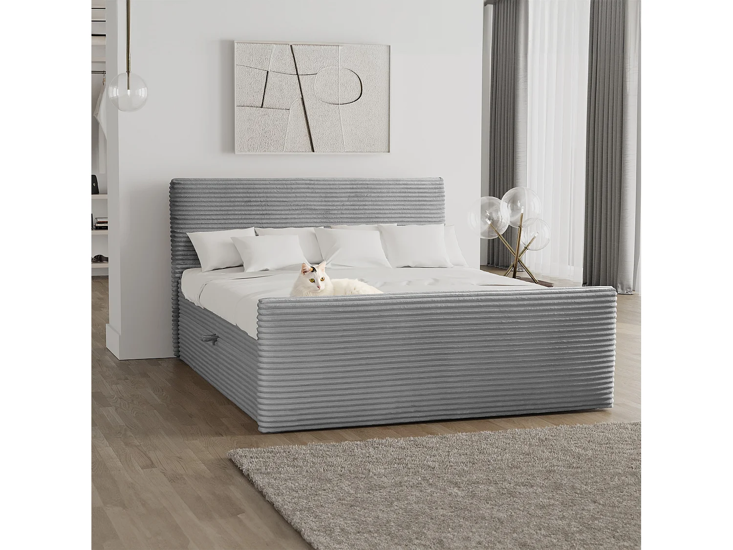 Lit à sommier tapissier avec sommier et surmatelas TRENTO tissu peluche cordon 180x200 cm gris clair H3-Bonell