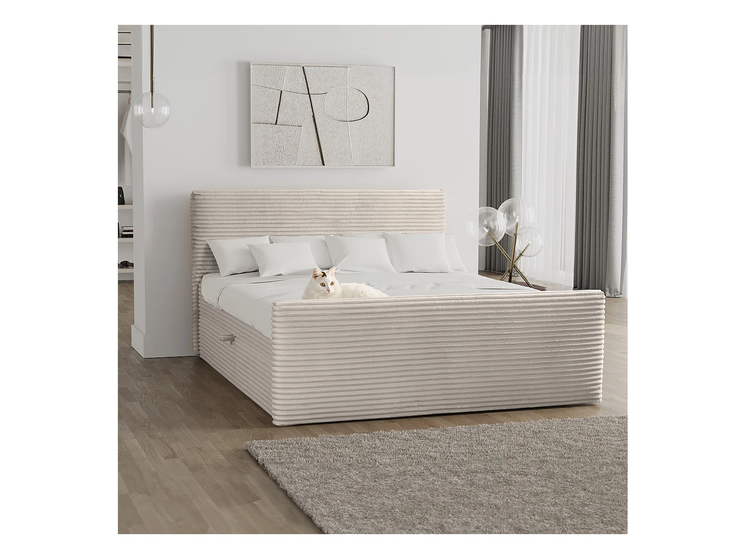 Letto box spring con rete e topper TRENTO tessuto peluche cordoncino 180x200 cm Ecru H3-Bonell