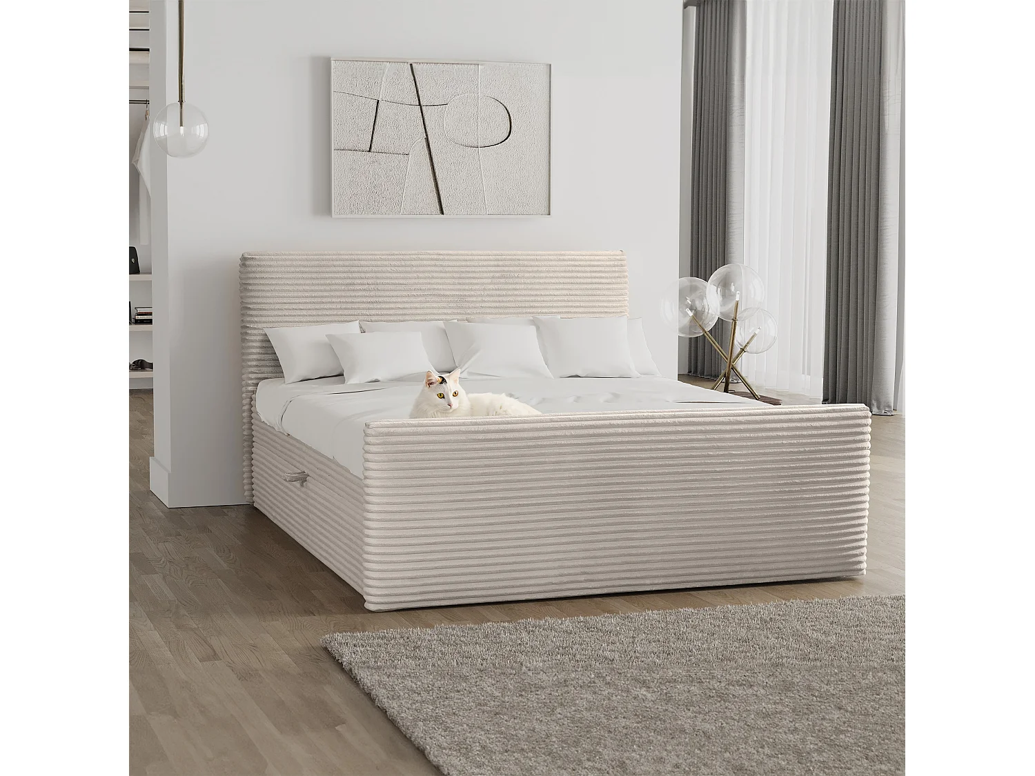 Lit boxspring avec sommier et surmatelas TRENTO tissu peluche cordon 180x200 cm Écru H3-Bonell