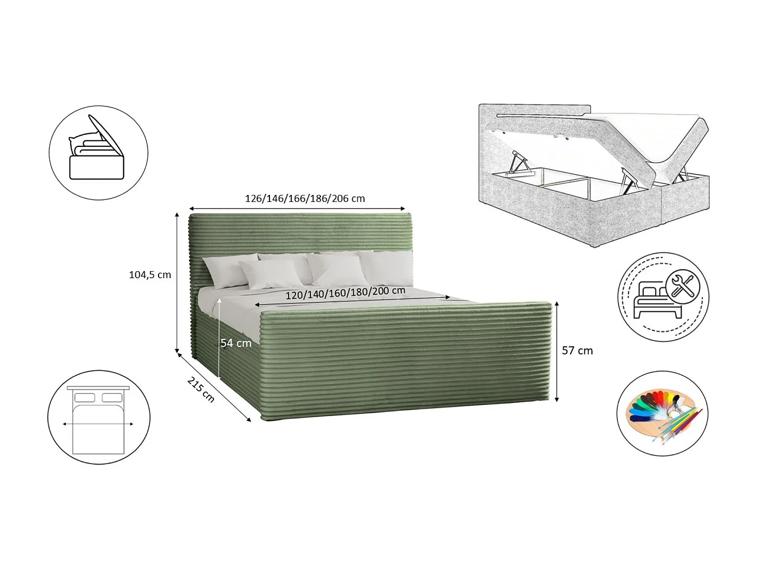 Lit à sommier tapissier avec sommier et surmatelas TRENTO tissu peluche cordon 120x200 cm Olive H3-Bonell