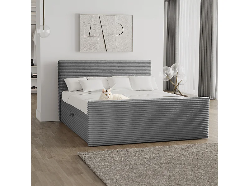 Letto box spring con contenitore e topper TRENTO tessuto peluche cordoncino 160x200 cm grigio scuro H3-Bonell