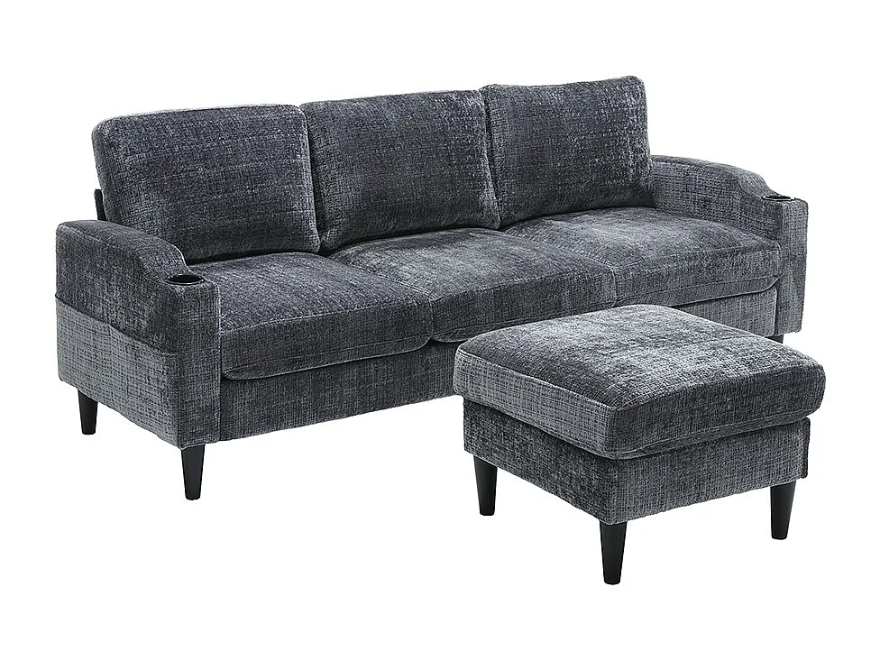 Canapé d'angle 4 places avec pouf et coffre de rangement accoudoirs porte-gobelets poches latérales pieds en plastique revêtement en chenille gris