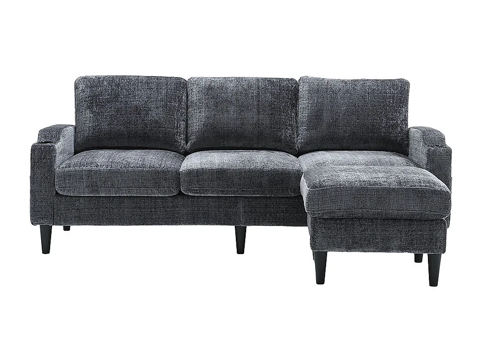 Canapé d'angle 4 places avec pouf et coffre de rangement accoudoirs porte-gobelets poches latérales pieds en plastique revêtement en chenille gris