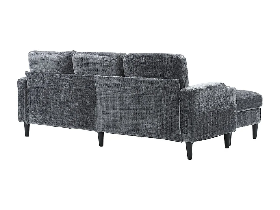 Canapé d'angle 4 places avec pouf et coffre de rangement accoudoirs porte-gobelets poches latérales pieds en plastique revêtement en chenille gris