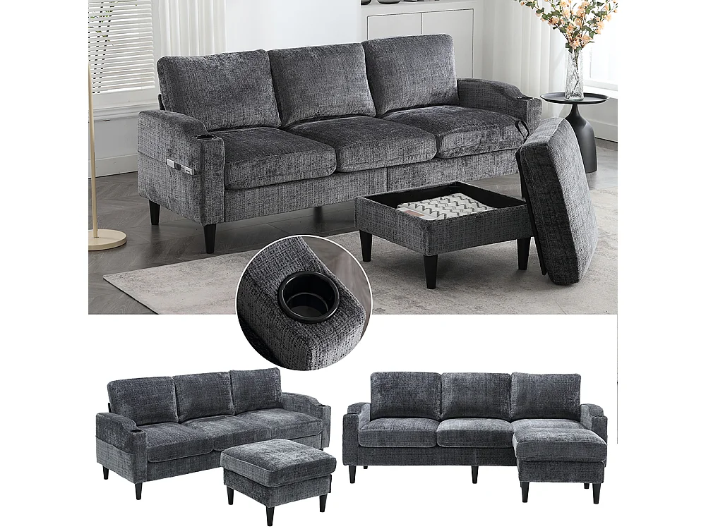 Canapé d'angle 4 places avec pouf et coffre de rangement accoudoirs porte-gobelets poches latérales pieds en plastique revêtement en chenille gris