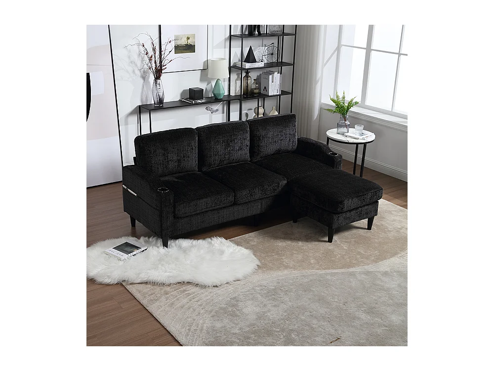 Canapé d'angle 4 places avec pouf et coffre de rangement accoudoirs porte-gobelets poches latérales pieds en plastique revêtement en chenille noir