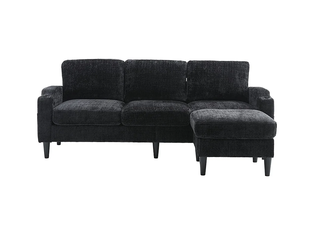 Canapé d'angle 4 places avec pouf et coffre de rangement accoudoirs porte-gobelets poches latérales pieds en plastique revêtement en chenille noir