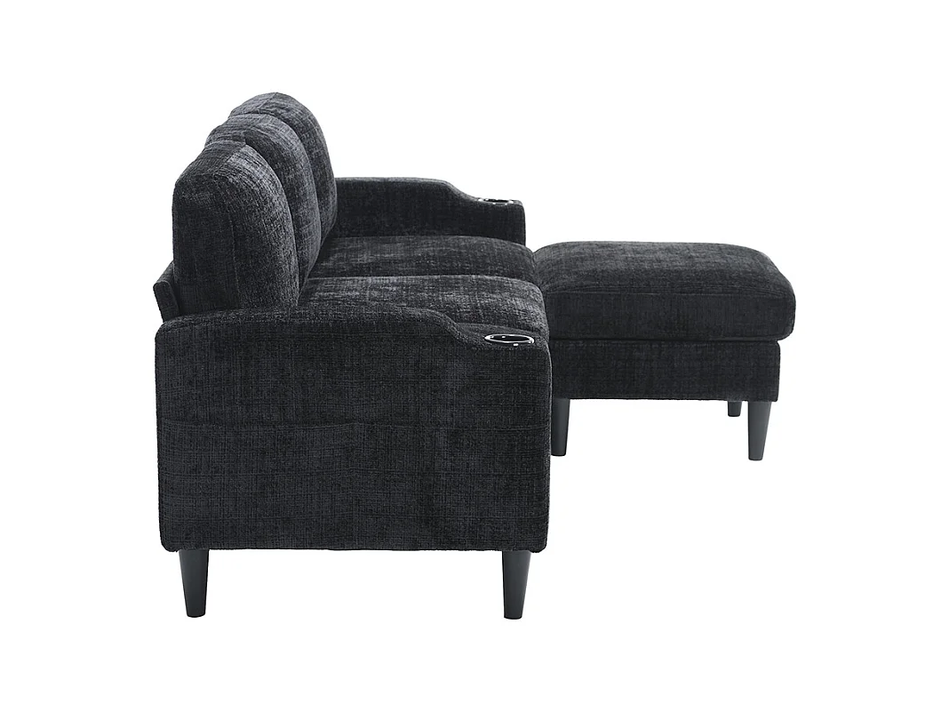 Canapé d'angle 4 places avec pouf et coffre de rangement accoudoirs porte-gobelets poches latérales pieds en plastique revêtement en chenille noir