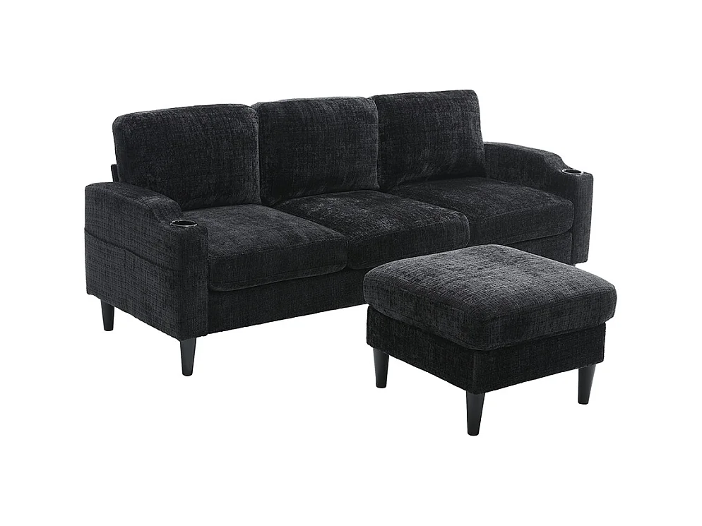 Canapé d'angle 4 places avec pouf et coffre de rangement accoudoirs porte-gobelets poches latérales pieds en plastique revêtement en chenille noir