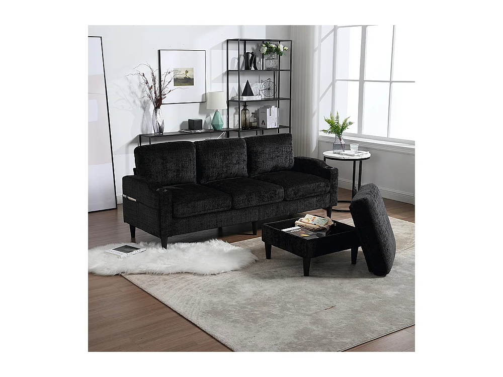 Canapé d'angle 4 places avec pouf et coffre de rangement accoudoirs porte-gobelets poches latérales pieds en plastique revêtement en chenille noir