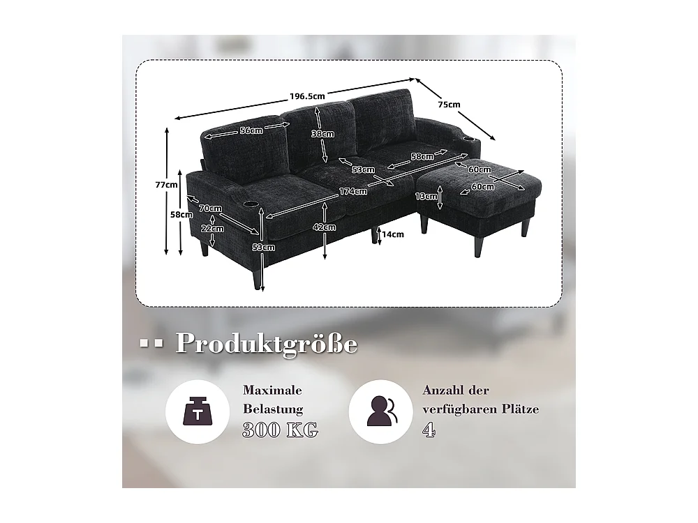 Canapé d'angle 4 places avec pouf et coffre de rangement accoudoirs porte-gobelets poches latérales pieds en plastique revêtement en chenille noir