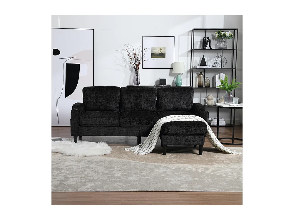 Canapé d'angle 4 places avec pouf et coffre de rangement accoudoirs porte-gobelets poches latérales pieds en plastique revêtement en chenille noir