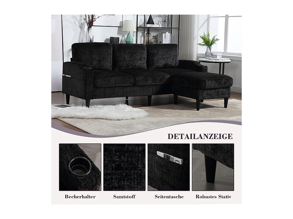 Canapé d'angle 4 places avec pouf et coffre de rangement accoudoirs porte-gobelets poches latérales pieds en plastique revêtement en chenille noir