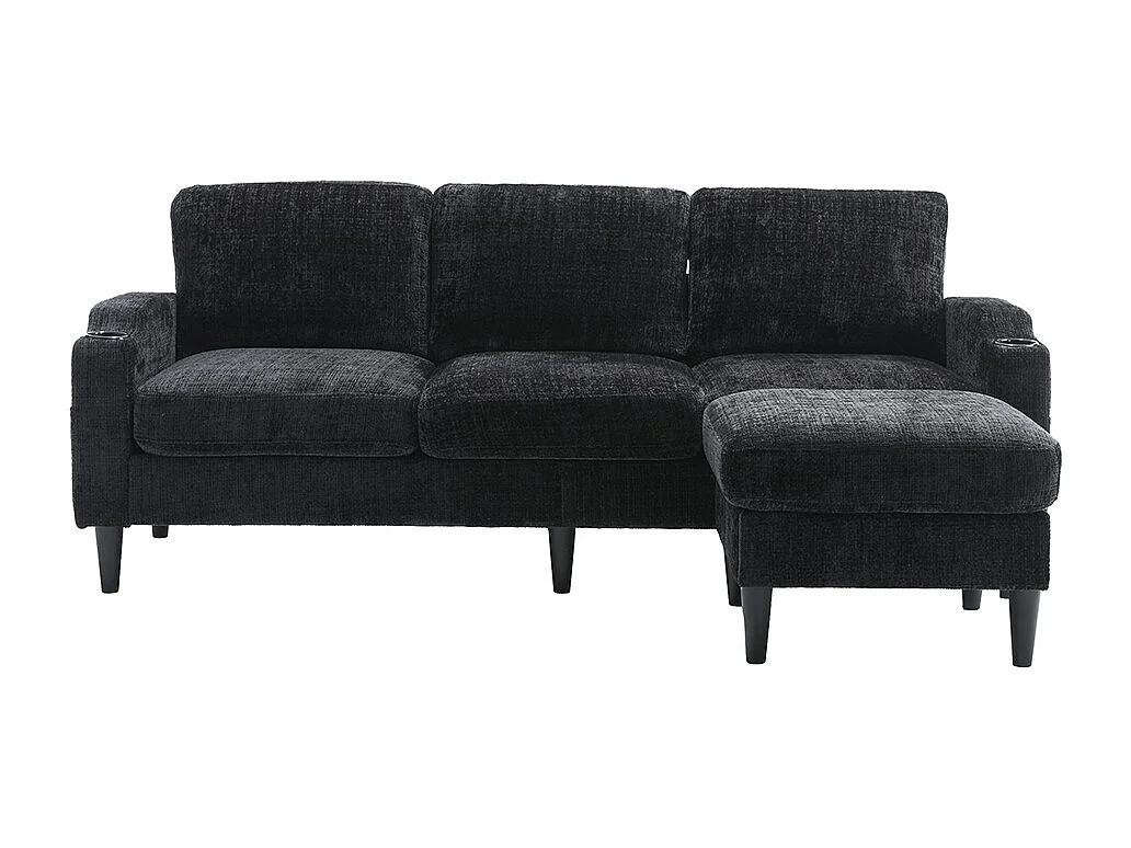 Canapé d'angle 4 places avec pouf et coffre de rangement accoudoirs porte-gobelets poches latérales pieds en plastique revêtement en chenille noir