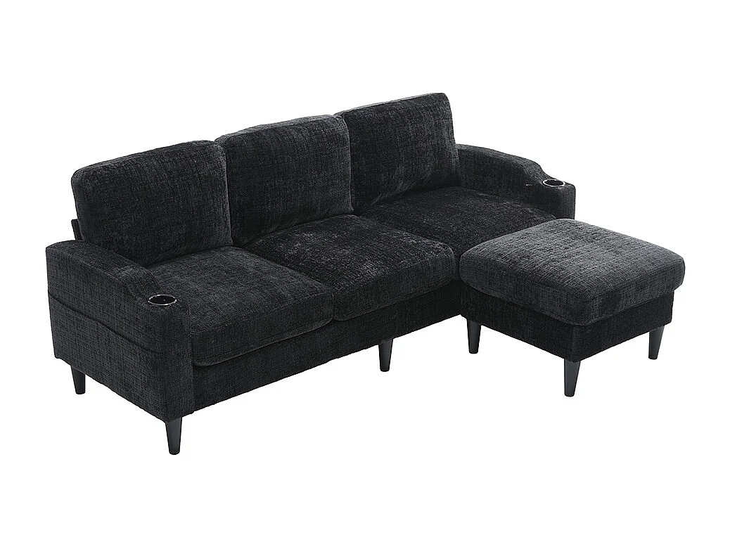 Canapé d'angle 4 places avec pouf et coffre de rangement accoudoirs porte-gobelets poches latérales pieds en plastique revêtement en chenille noir