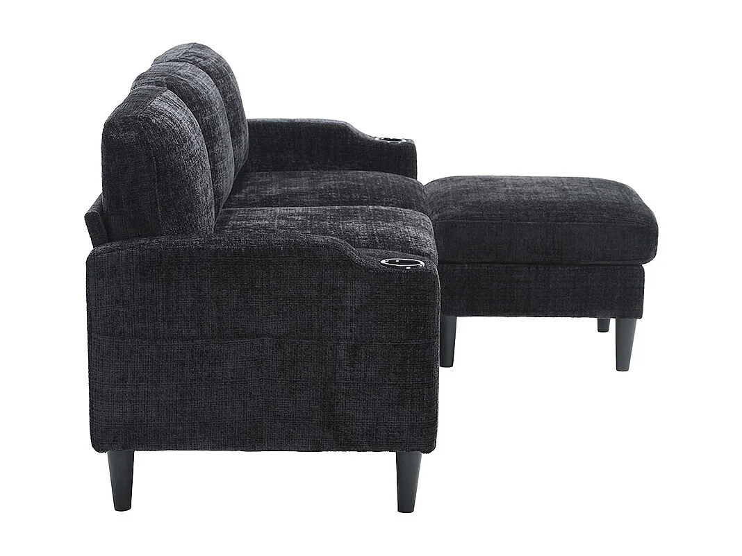 Canapé d'angle 4 places avec pouf et coffre de rangement accoudoirs porte-gobelets poches latérales pieds en plastique revêtement en chenille noir