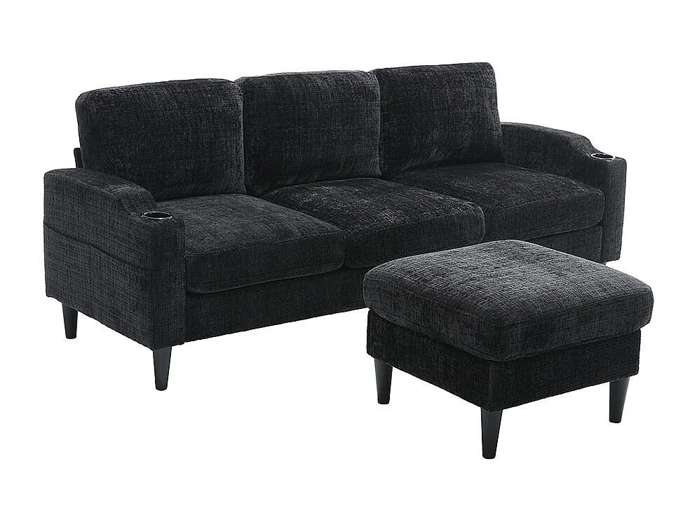 Canapé d'angle 4 places avec pouf et coffre de rangement accoudoirs porte-gobelets poches latérales pieds en plastique revêtement en chenille noir