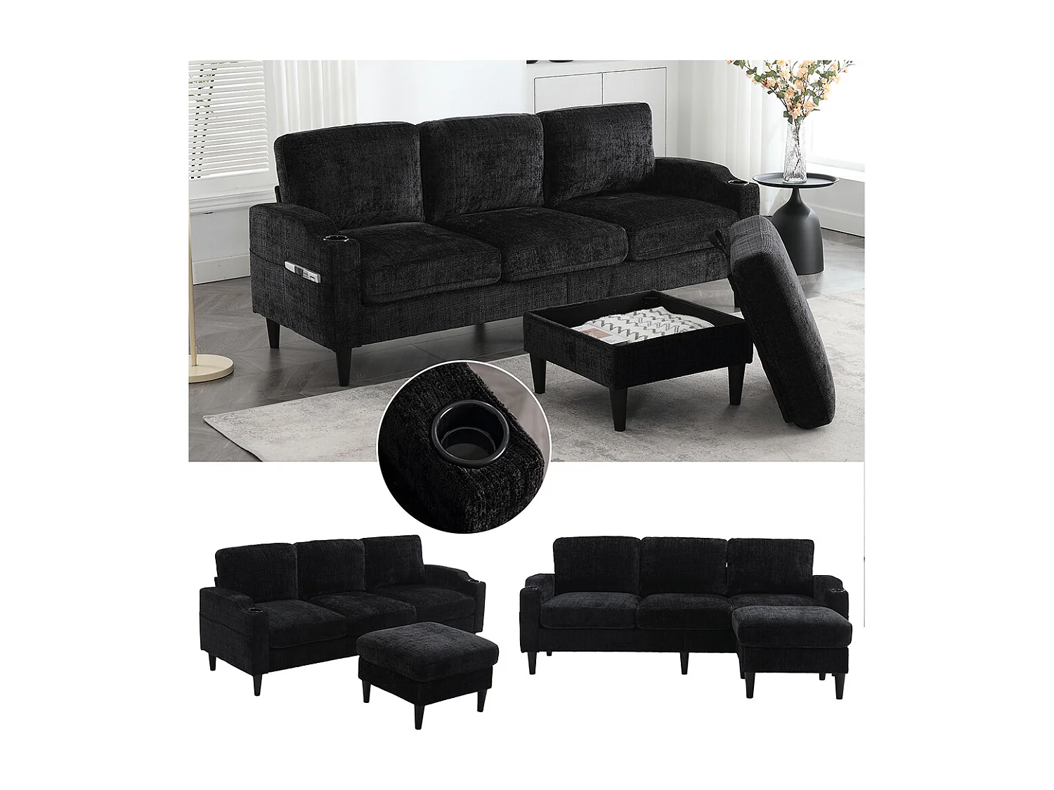 Canapé d'angle 4 places avec pouf et coffre de rangement accoudoirs porte-gobelets poches latérales pieds en plastique revêtement en chenille noir