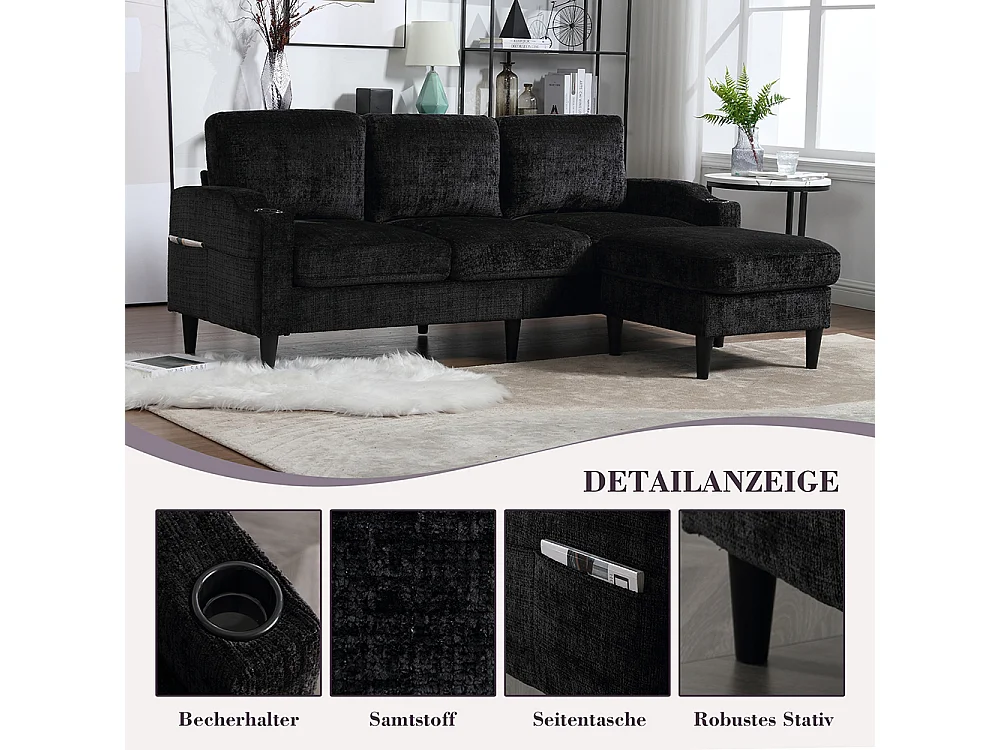 Canapé d'angle 4 places avec pouf et coffre de rangement accoudoirs porte-gobelets poches latérales pieds en plastique revêtement en chenille noir