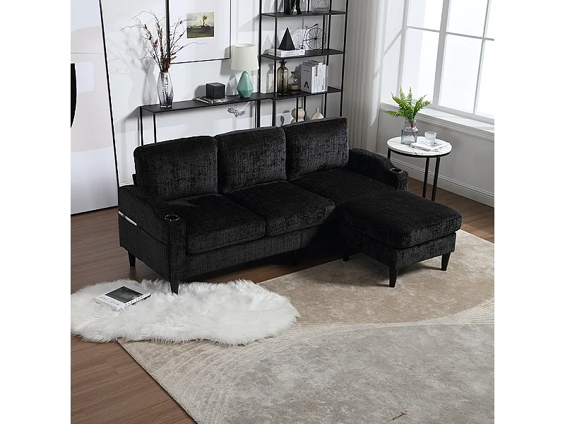 Canapé d'angle 4 places avec pouf et coffre de rangement accoudoirs porte-gobelets poches latérales pieds en plastique revêtement en chenille noir
