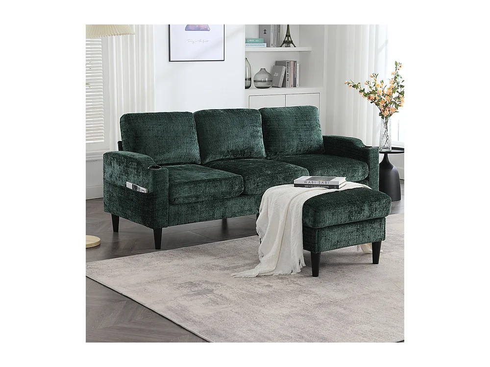 Canapé d'angle 4 places avec pouf et coffre de rangement accoudoirs porte-gobelets poches latérales pieds en plastique revêtement en chenille émeraude