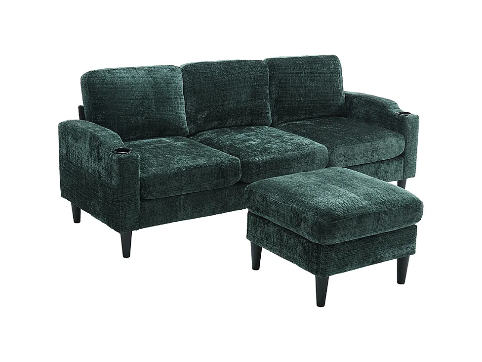 Canapé d'angle 4 places avec pouf et coffre de rangement accoudoirs porte-gobelets poches latérales pieds en plastique revêtement en chenille émeraude