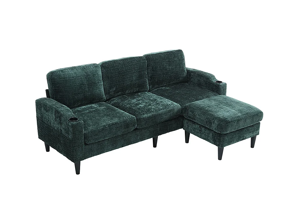 Canapé d'angle 4 places avec pouf et coffre de rangement accoudoirs porte-gobelets poches latérales pieds en plastique revêtement en chenille émeraude