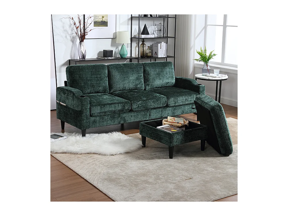 Canapé d'angle 4 places avec pouf et coffre de rangement accoudoirs porte-gobelets poches latérales pieds en plastique revêtement en chenille émeraude