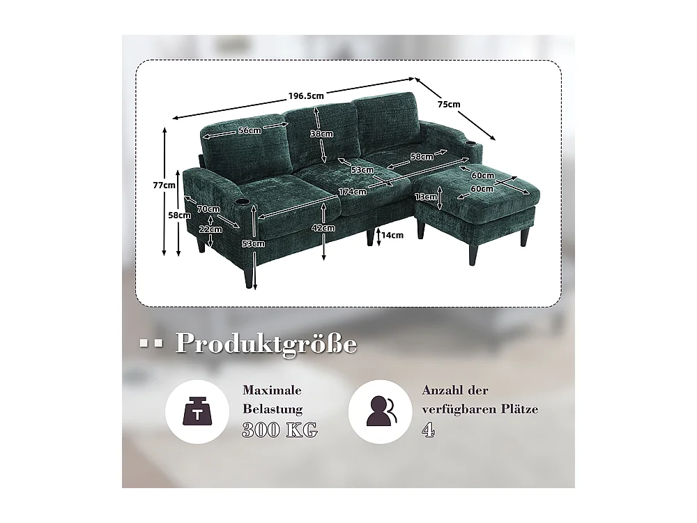 Canapé d'angle 4 places avec pouf et coffre de rangement accoudoirs porte-gobelets poches latérales pieds en plastique revêtement en chenille émeraude