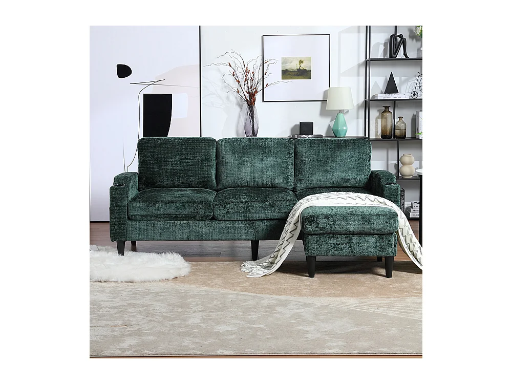 Canapé d'angle 4 places avec pouf et coffre de rangement accoudoirs porte-gobelets poches latérales pieds en plastique revêtement en chenille émeraude